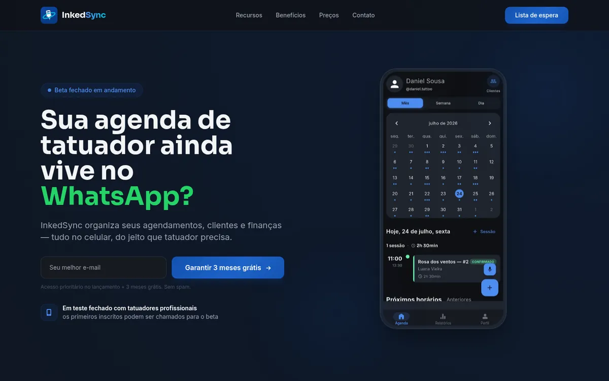 Página inicial do InkedSync: sua agenda de tatuador ainda vive no WhatsApp?