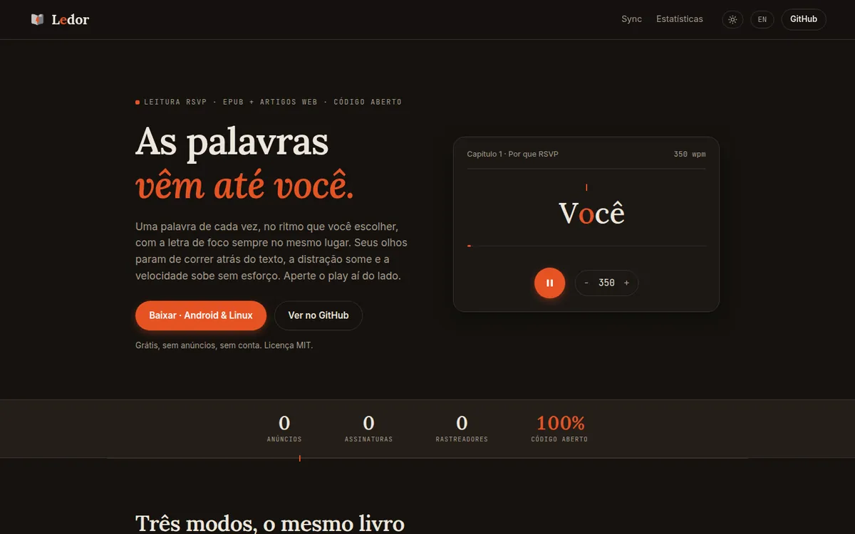 Página inicial do Ledor: as palavras vêm até você
