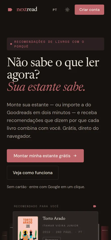O nextread no celular, com o convite para montar a estante