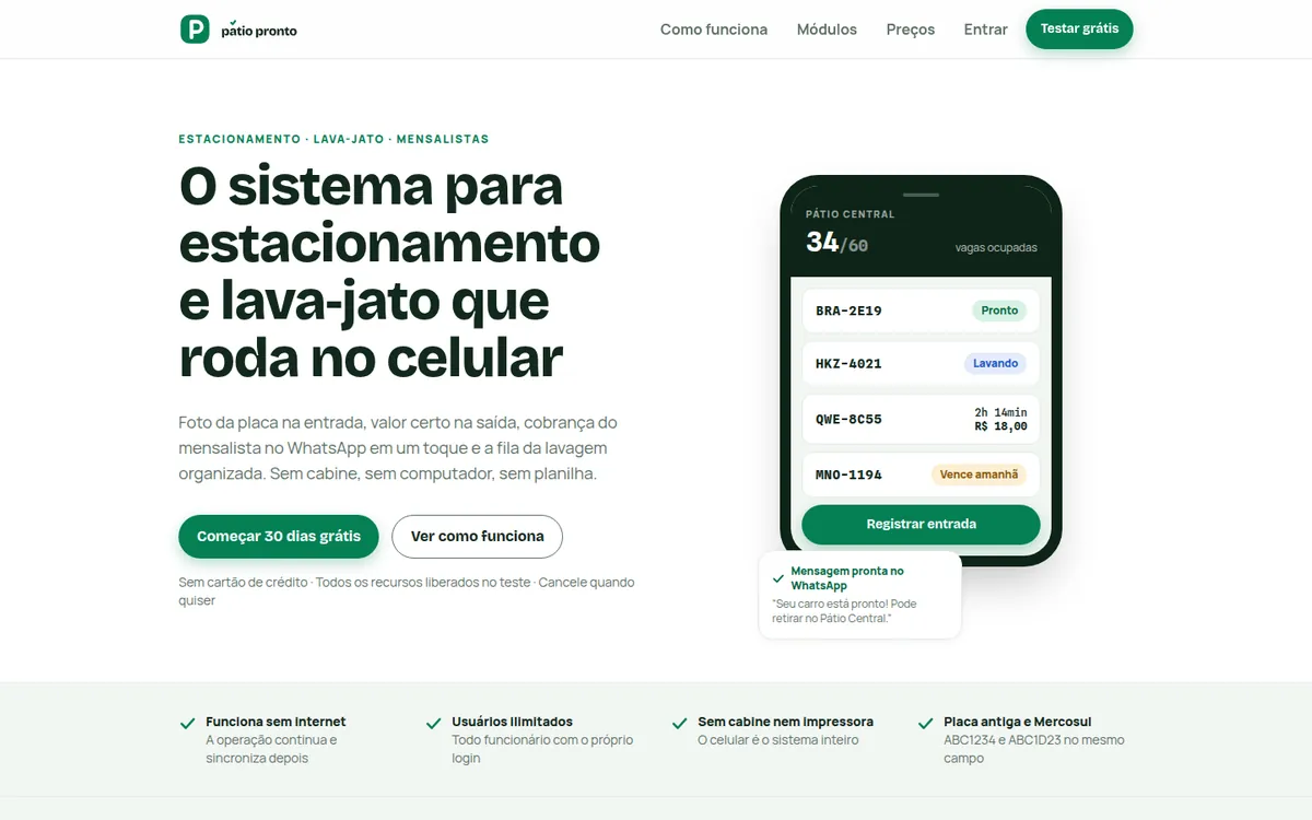 Página inicial do Pátio Pronto: o sistema para estacionamento e lava-jato que roda no celular